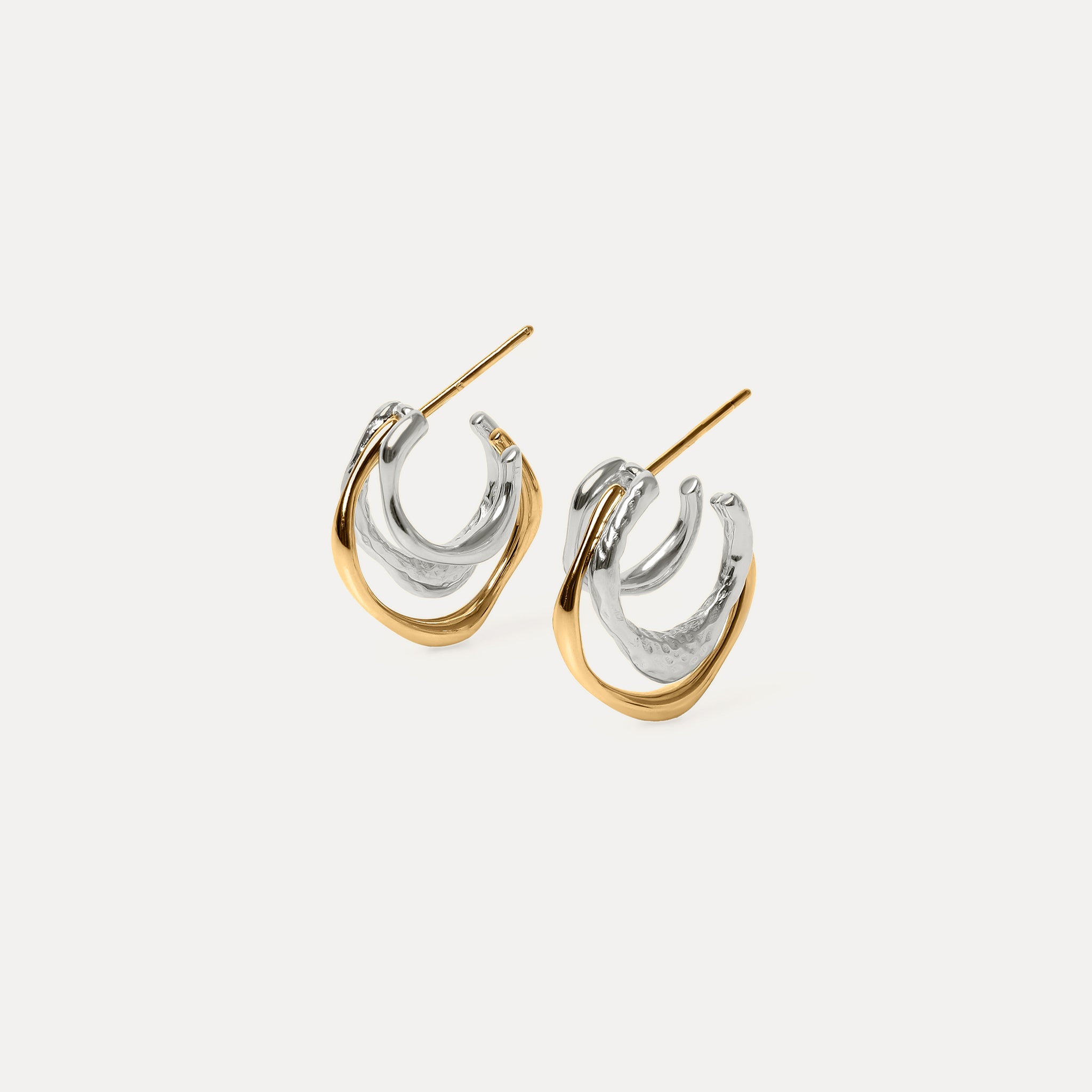 Fluid Triple Hoop Earrings Mixed Silver