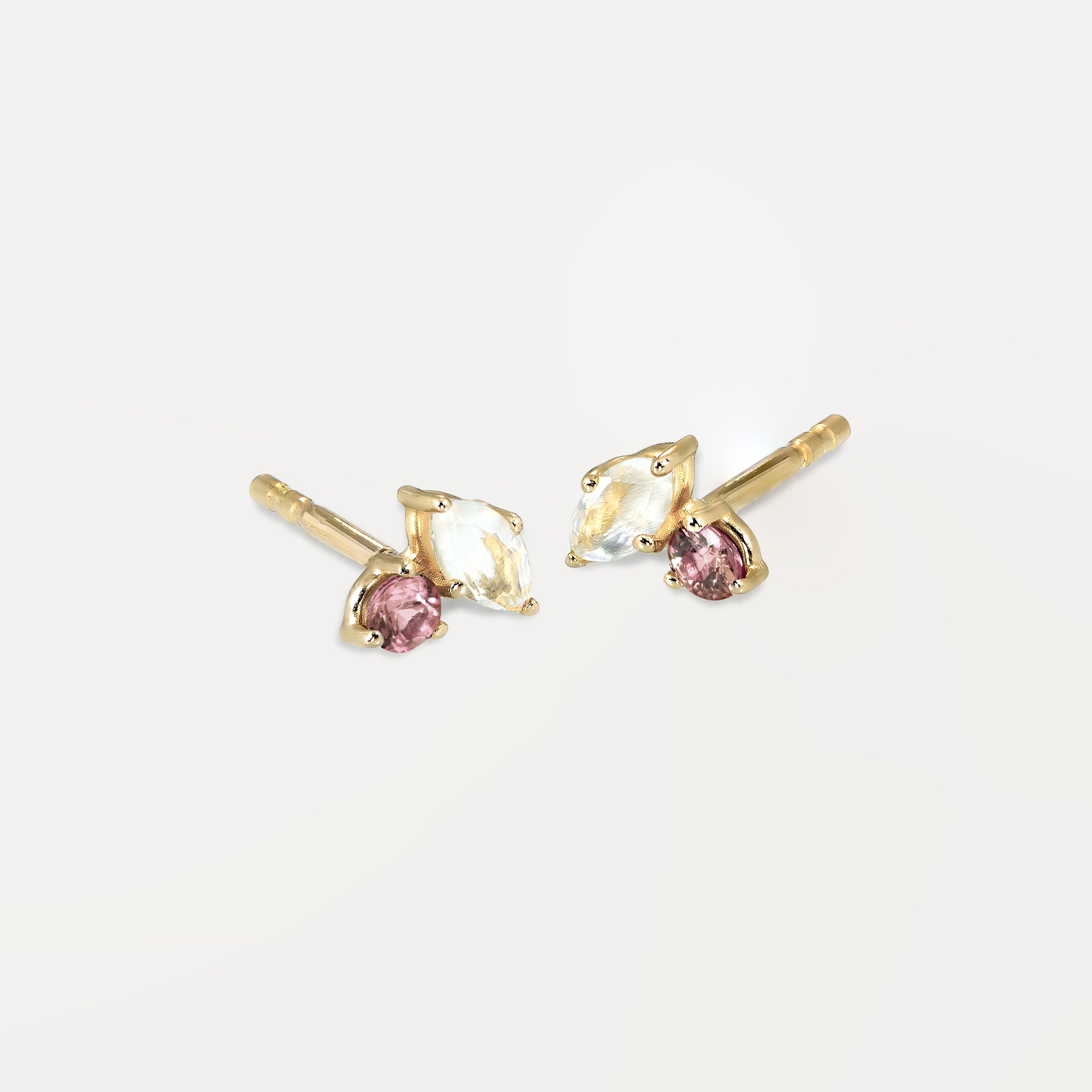 Moonstone & Pink Tourmaline Joy Stud Earrings | 14k Gold