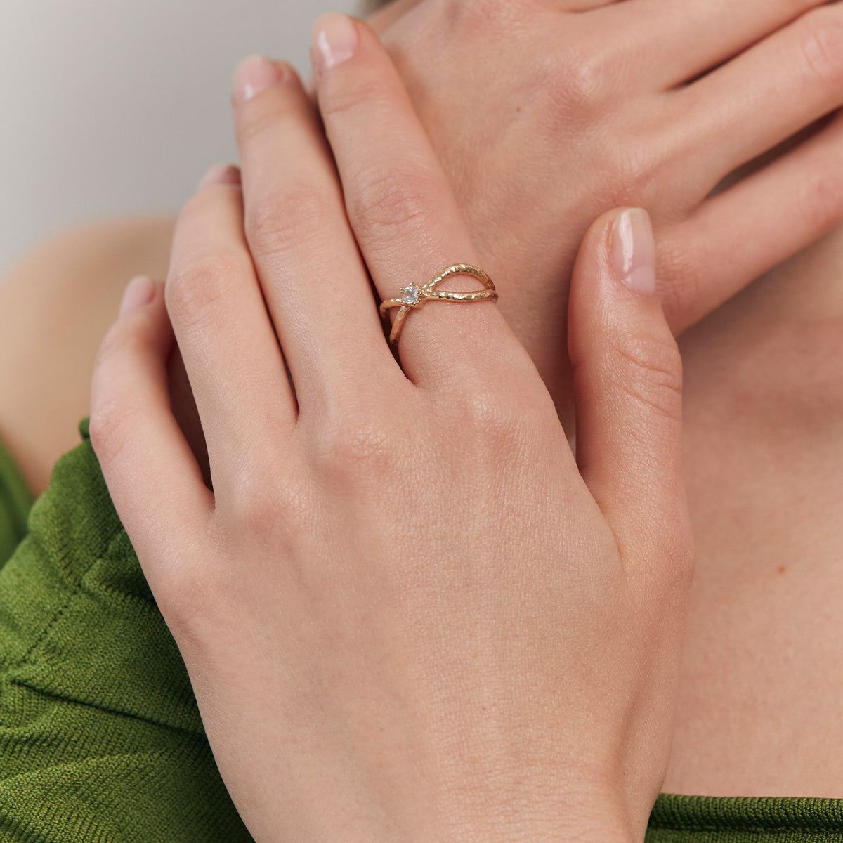 White Sapphire Textured Engagement Ring | 14k Gold