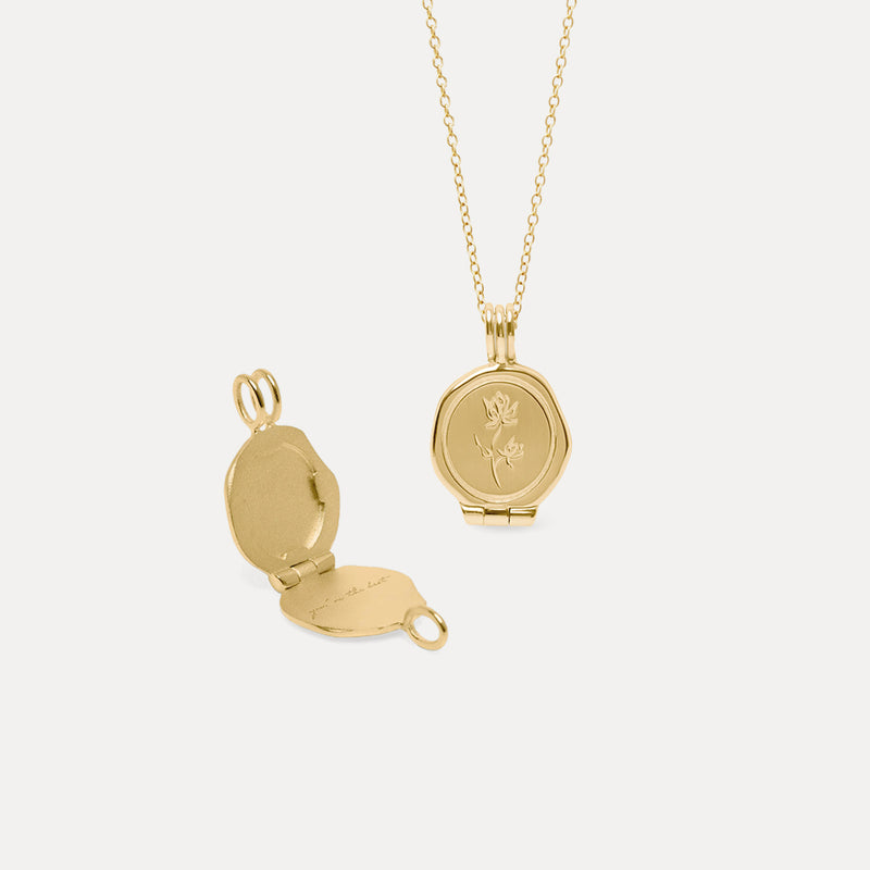 Floral Seal Locket Necklace 14k Solid Gold